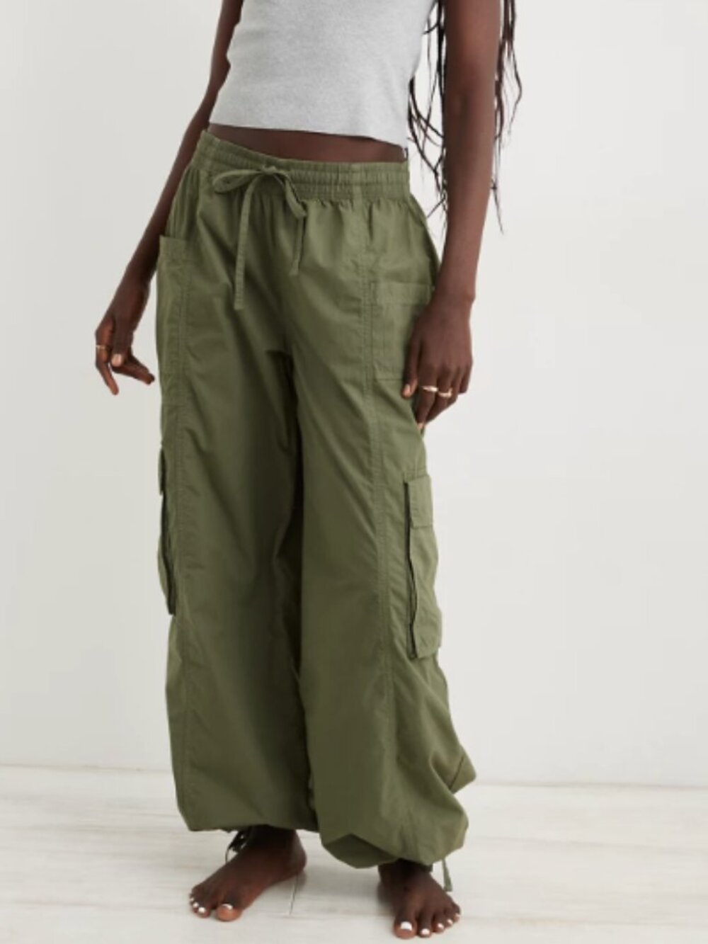 Aerie High Waisted Go-For-It Baggy Cargo Pants M Olive Green Cotton Drawstring